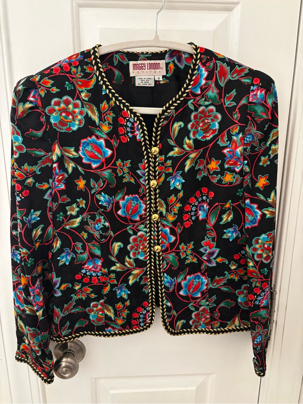 Vintage Maggy London 100% Silk Black Floral Embroidered Blazer Gold Trim size 8